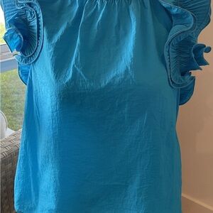 Ces Femme Aqua Blue Ruffled Sleeveless Summer Blouse Size S